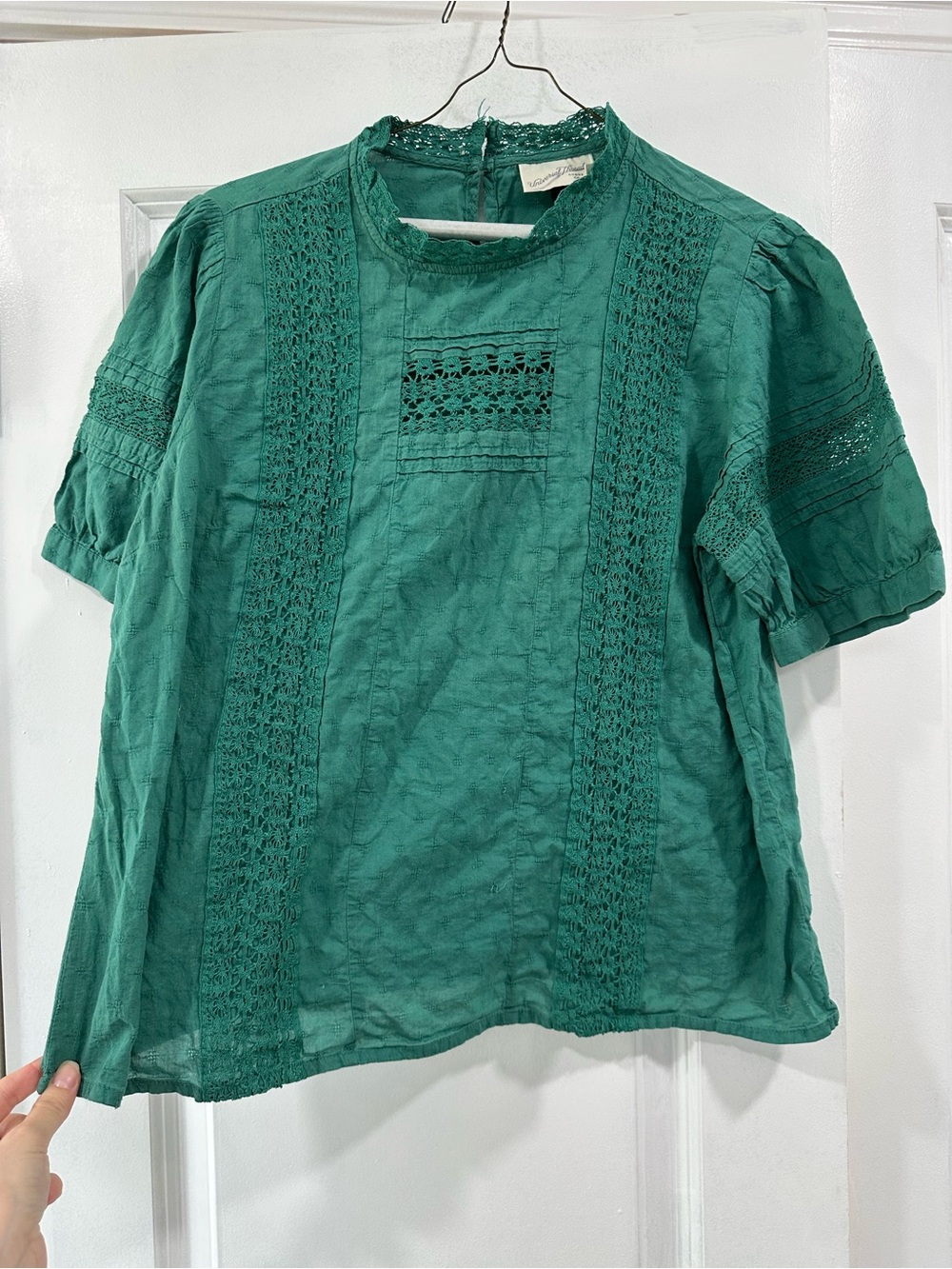 Girls Green Crochet-Trim Short Sleeve Cotton High Neck Puff Sleeve Blouse Top